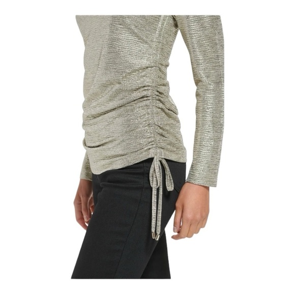 Calvin Klein Metallic Ruched Drawstring Top 3X Gold Shimmer Long Sleeve Stretchy - Picture 8 of 15